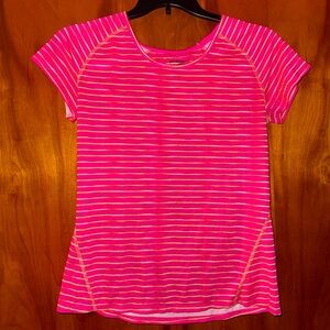 Reel Legends Fuchsia and White Striped Tee Featuring Pocket on Back